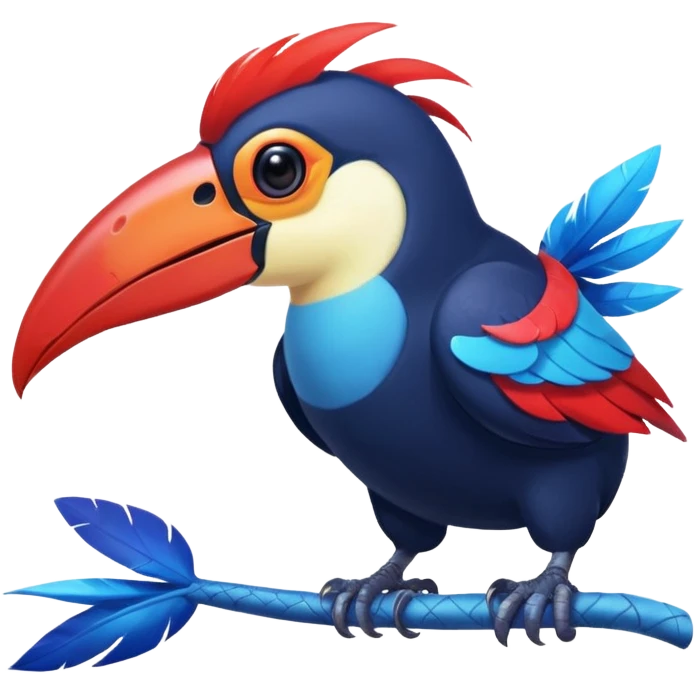 Blue tropical toucan-fakemon-bird, with red long beak, with a blue lizard-tail curled inwards, Genshin Impact’s Dusk Bird emoji