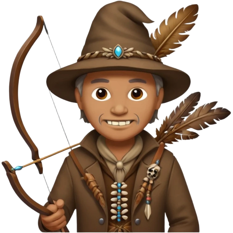 The classic image of a middle-aged uncle hunter carrying a bow, dressed in brown clothes, with some ornaments made of feathers, bones or teeth on his body. emoji