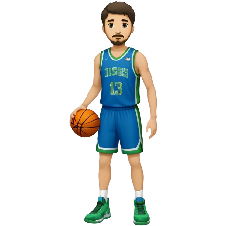 Full Body white male basketball player with short dark shaggy hair and goatee wearing blue and green uniform emoji
