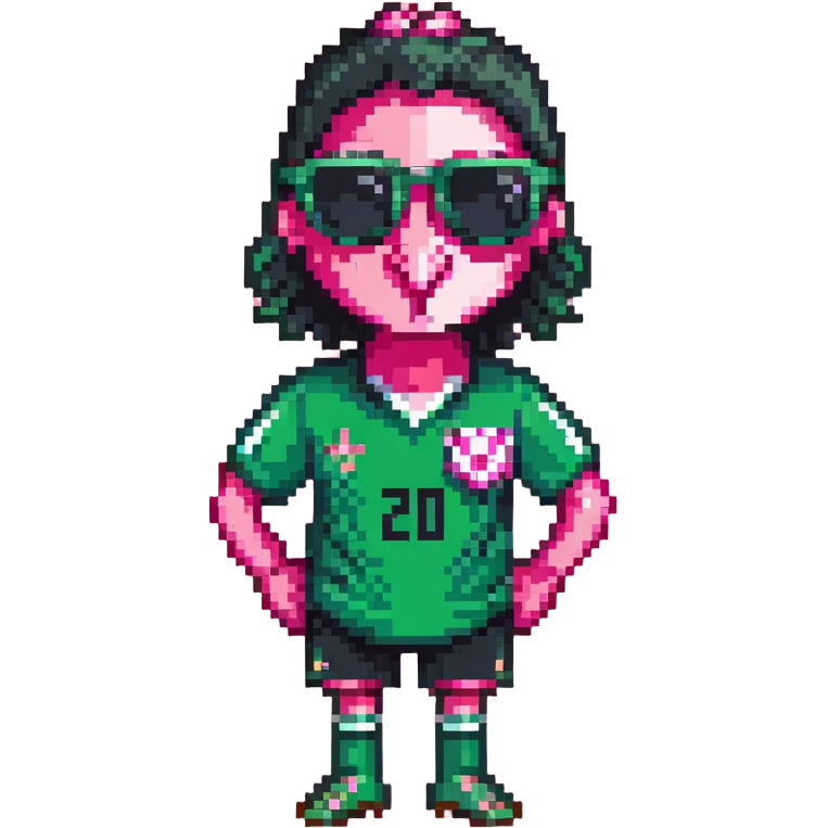flamingo soccer player wearing sunglasses and a black and green jersey emoji