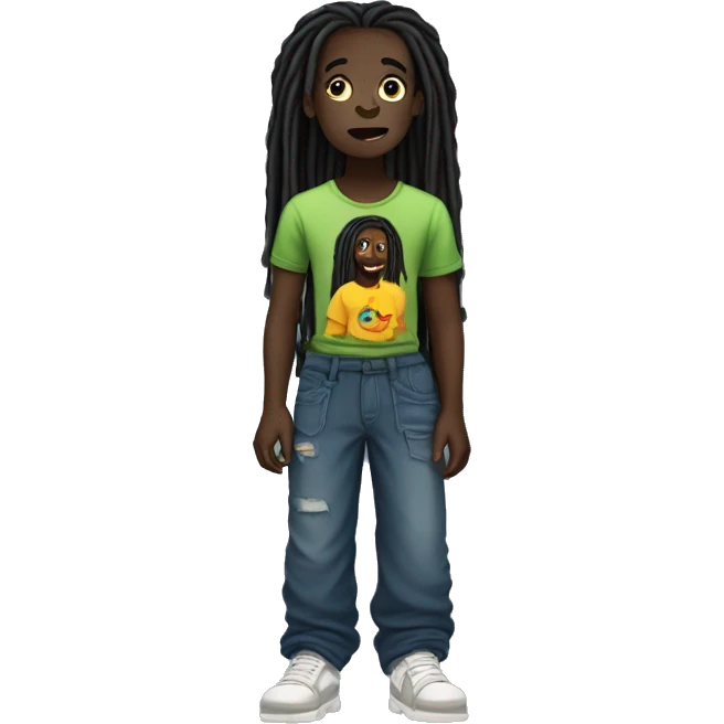 dark-skinned person with long dreads wearing a enfants de primes t-shirt and over sized pants  emoji