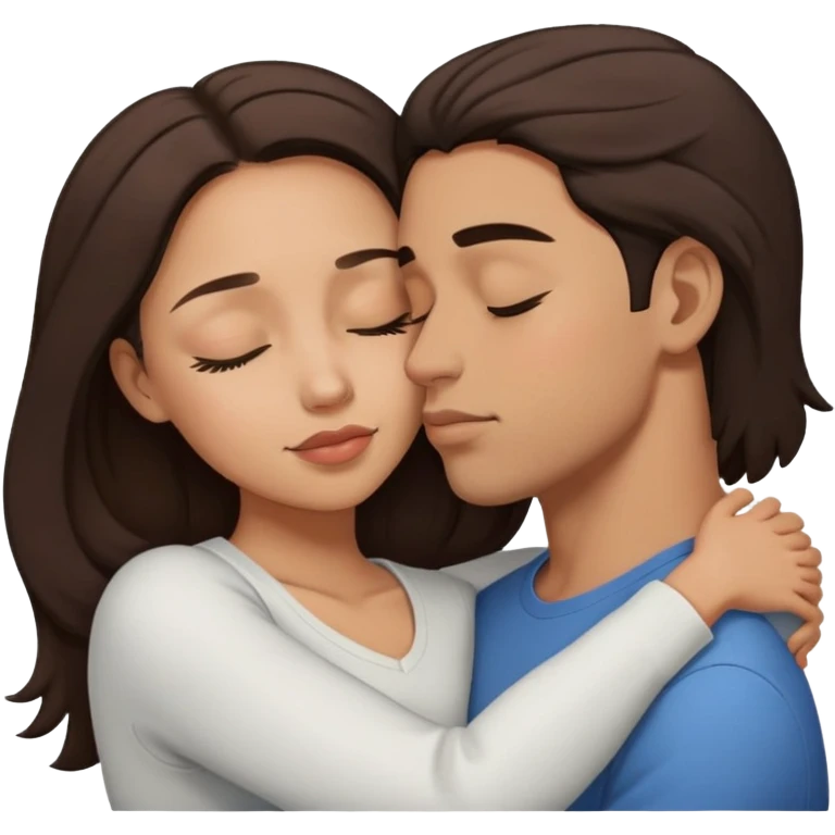 A couple, light skin, dark brown hair, eyes closed, hugging and he’s kissing her on her forehead emoji