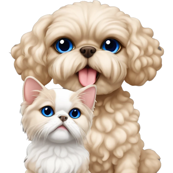 Beige curly fur Devon Rex Cat with blue eyes sitting next to a larger beige shih tzu  dog  emoji