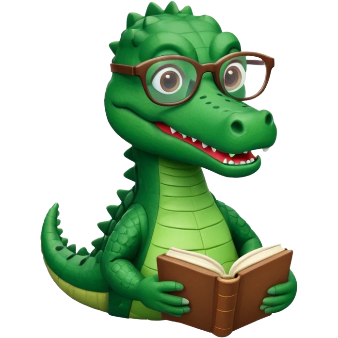 A claymation alligator with a book and glasses. The background is a solid white circle emoji