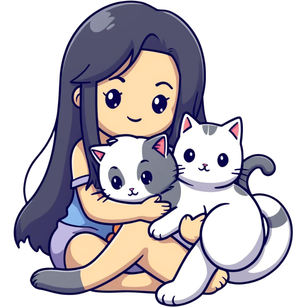 Beautiful girl with long black hair cuddling a gray and blonde cat emoji