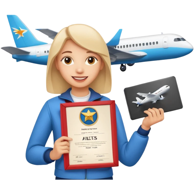 emoji student happy holding certificate IELTS 7.0, success, airplane, white background emoji