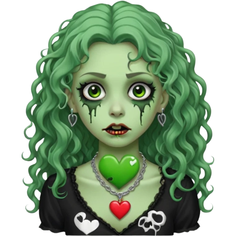 a green zombie girl with a scar on her face, long curly hair, wearing a black blouse and a silver necklace with a heart pendant downcast eyes and eyeliner emoji