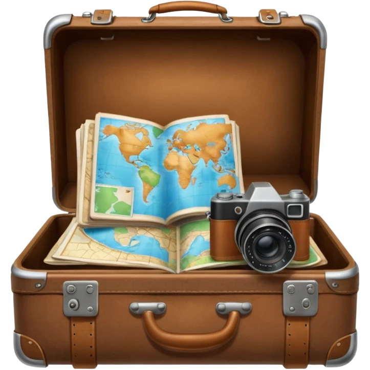 An open traveler's suitcase, from which a map, camera, and phrasebook peek out. emoji