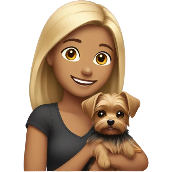 girl holding Yorkie dog and smiling emoji