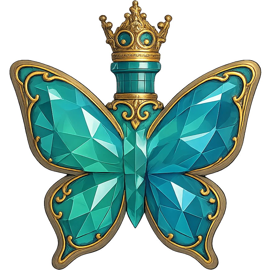 crystal butterfly-shaped bottle with short neck and princess crown, green and blue colors, many facets, glowing, ornaments, golden details, transparent background, bottle clearly floating in air with no base or shadow, very close to original emoji