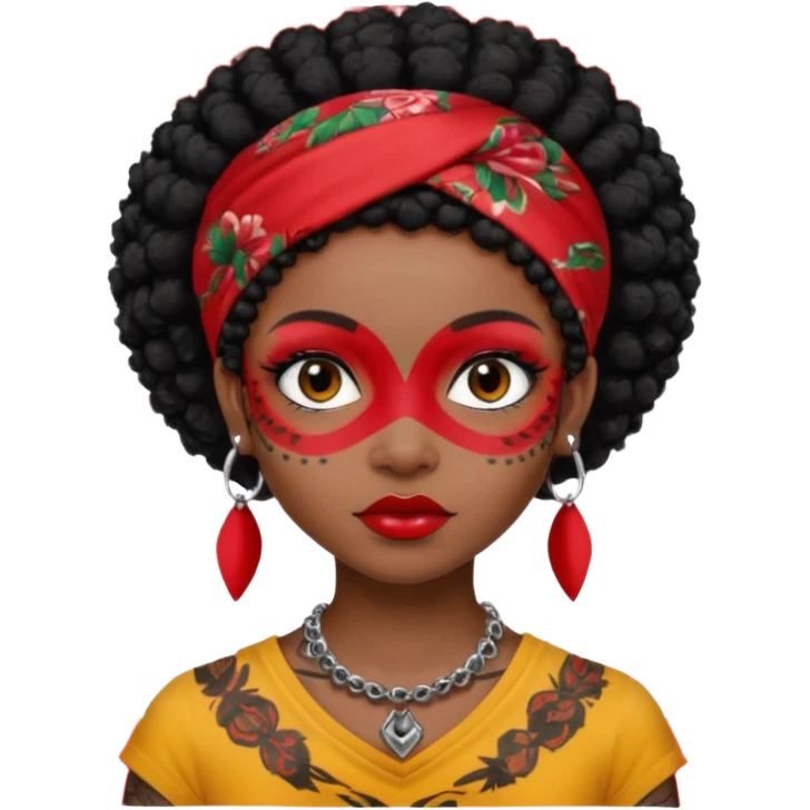 black afro hair with red head bandana and lots of face tattoo black skin girl emoji