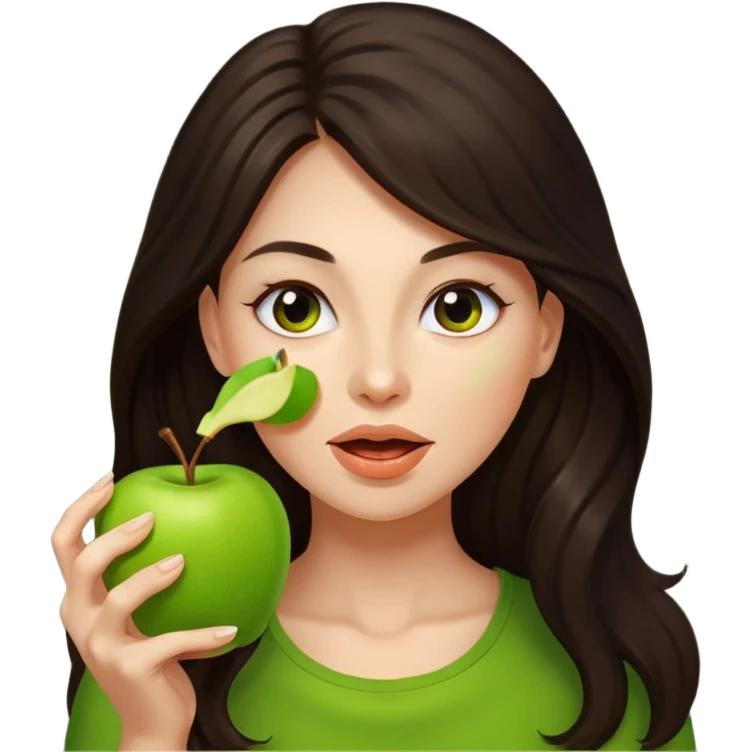 Mujer de pelo cafe oscuro y largo, y tez blanca comiendo emoji