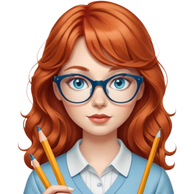 redheaded woman with very long wavy hair and bangs, blue eyes, clear cat-eye glasses, stylish modern outfit, holding a pencil emoji