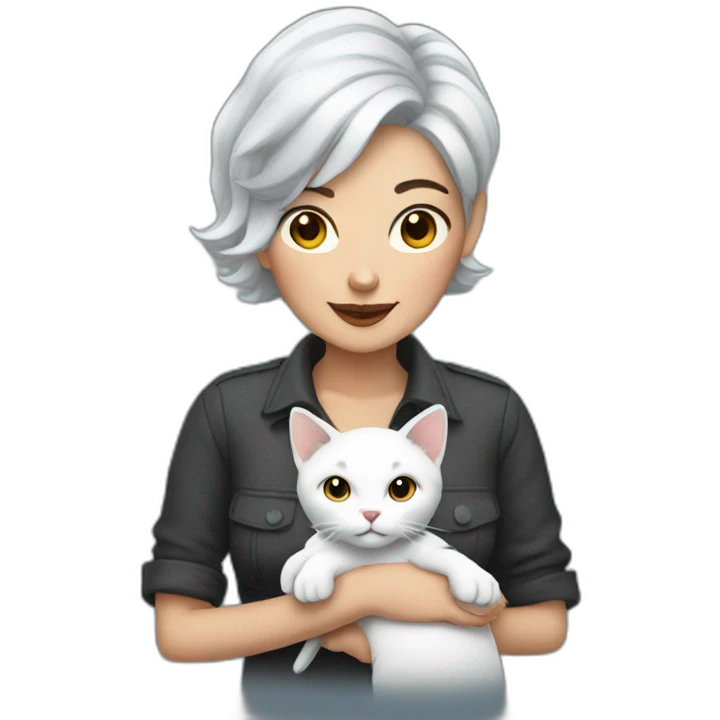short gray hair tattooed woman with a white cat in her hand emoji