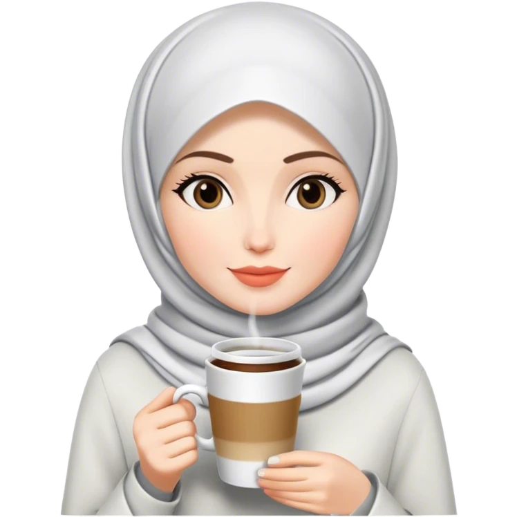 a white skin hijab woman drinks coffee with zepeto styles emoji