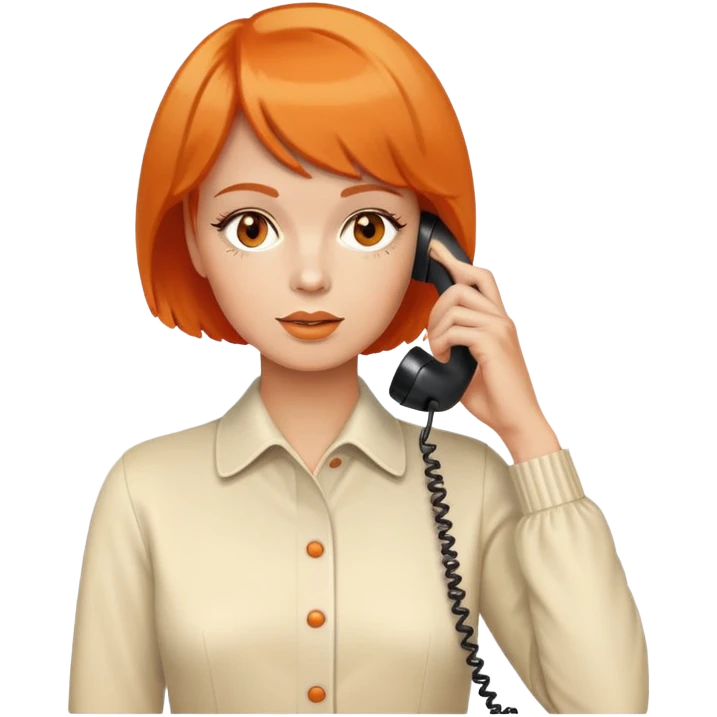 upper body of a woman with short orange hair talking on a white 70s phone emoji