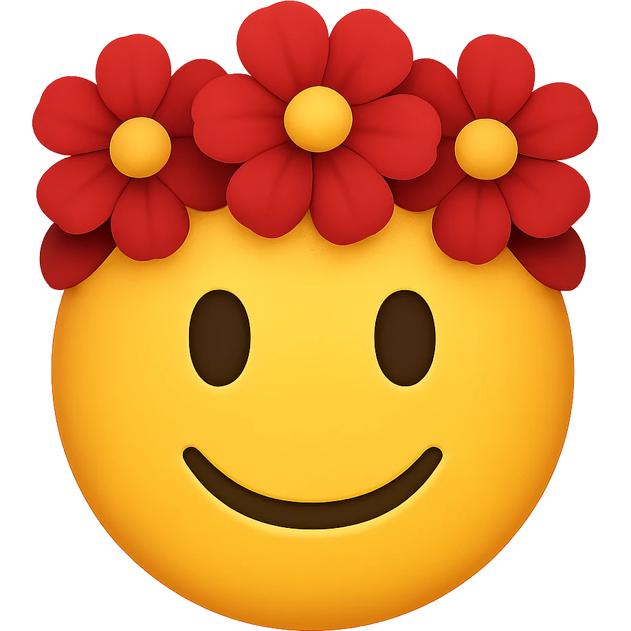 yellow face with red flower crown emoji, digital illustration, remove background emoji