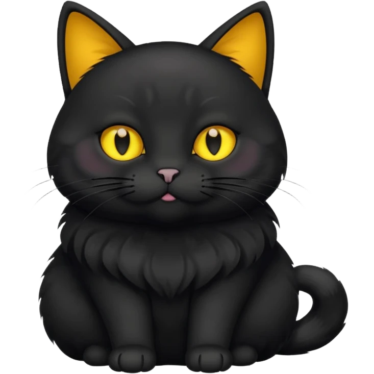 Un gato negro gordito con los ojos de color amarillos sentado emoji