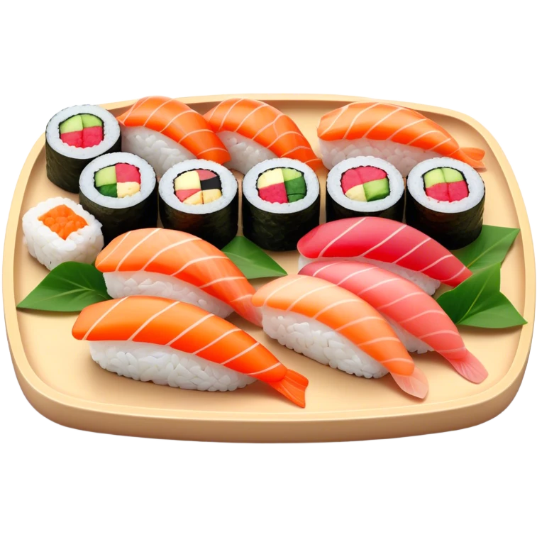 Cinematic Realistic Sushi Dish Emoji, depicted as an artful arrangement of fresh sushi with vibrant colors rendered with lifelike textures and delicate, natural lighting. emoji