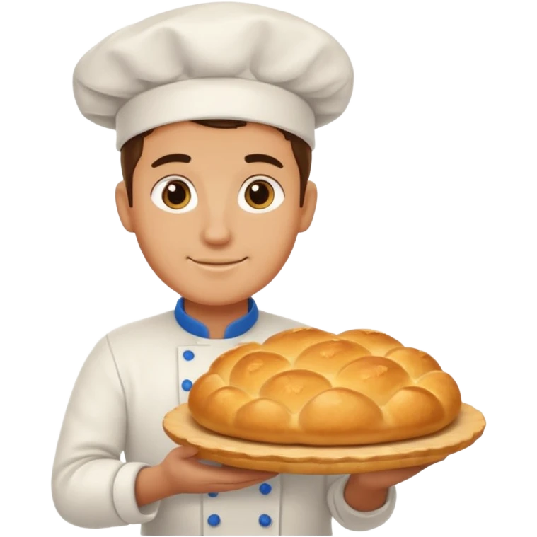 baker holding tray with big bread emoji