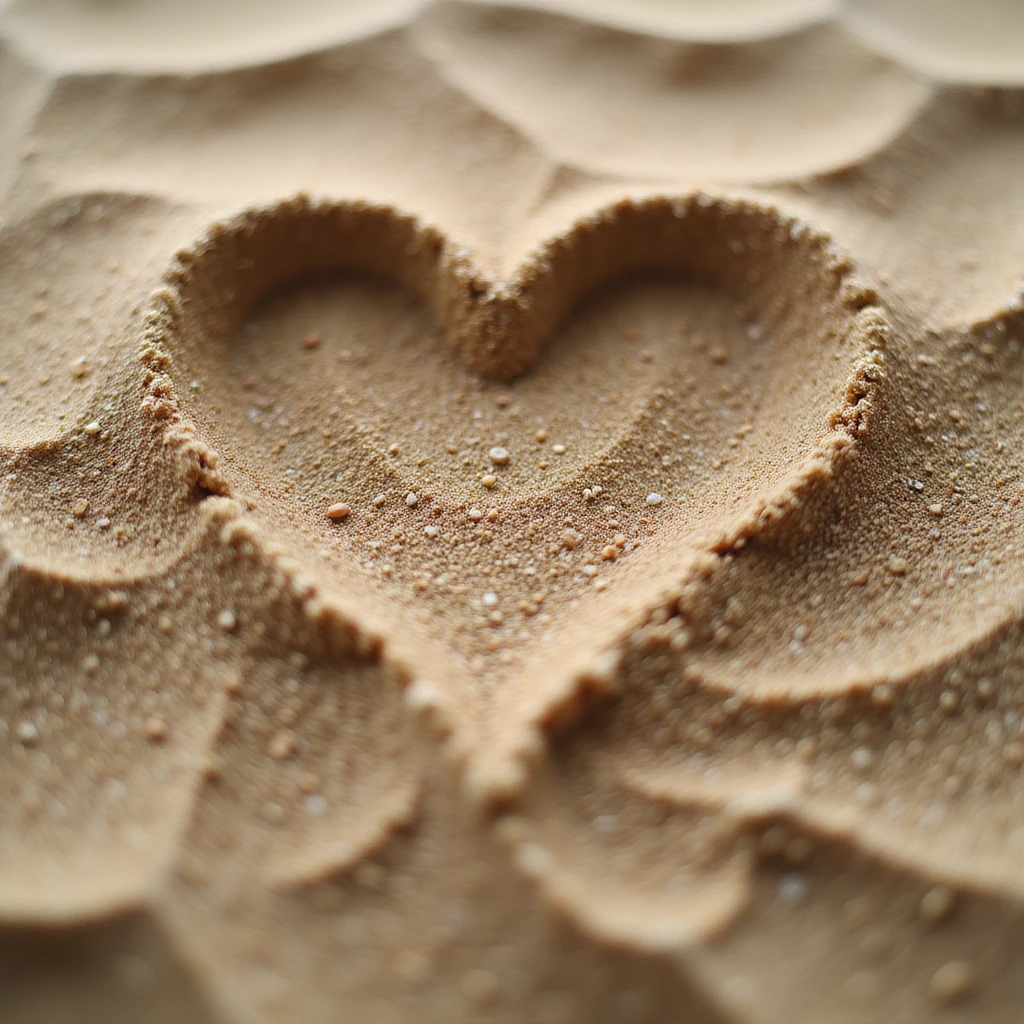 heart shape filled with desert sand showing subtle grains and ripples, soft shadows, no background emoji
