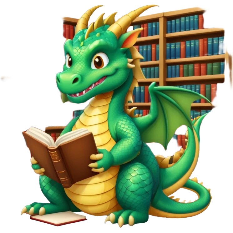 Wise grinning dragon sitting in the library with a book emoji