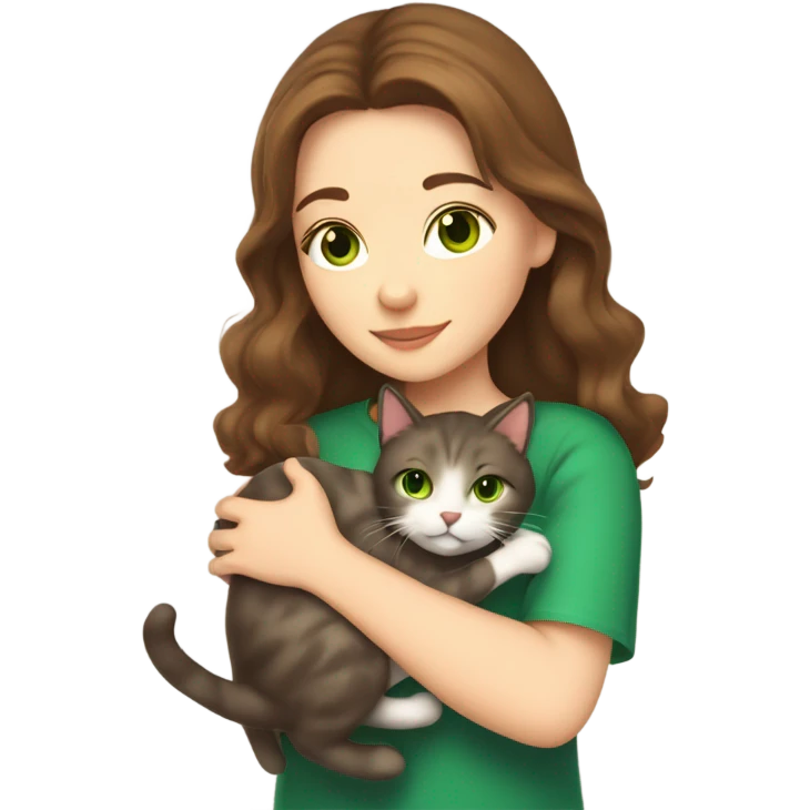 Girl with brown hair and fair skin hugging a medium haired cat with green eyes emoji