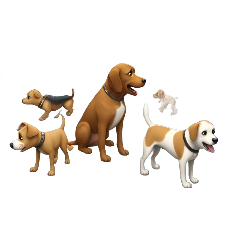 5 dogs eating while crying and crossing the road on top of  a huge city filled with robots emoji