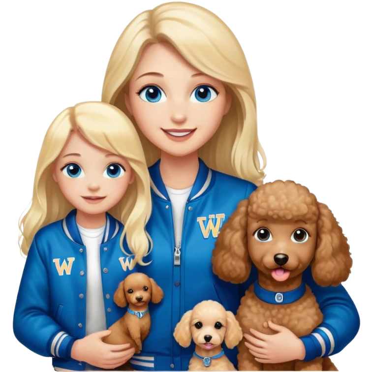 smiling mother in letterman jacket with W and Blue eyes, two Little girls Long blond straight hair and Blue eyes and one brown poodle puppie emoji
