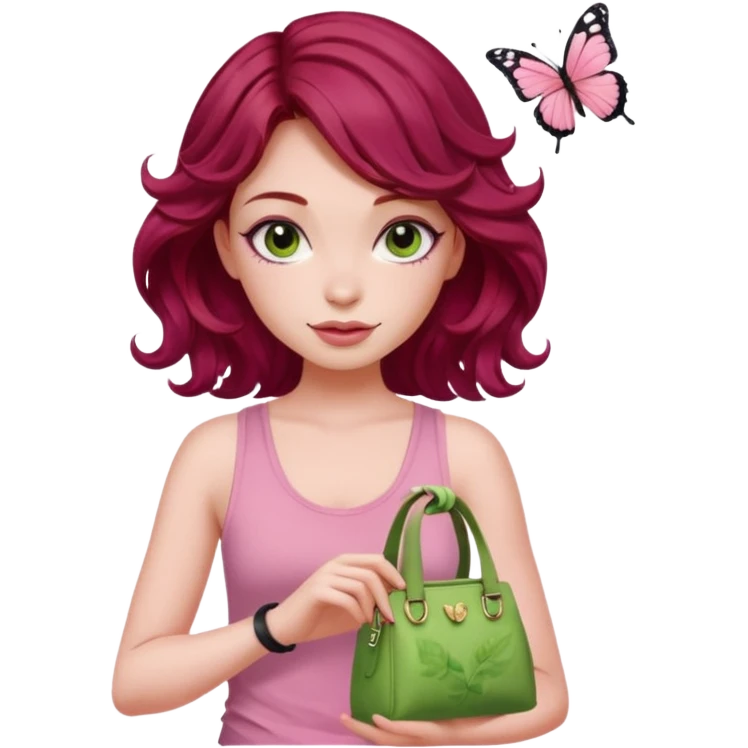 a pretty fair bratz girl with wavy dark red hair, wearing a pink tank top , carrying a matcha and a pink bag. eyeliner on. butterfly tattoo on arm emoji