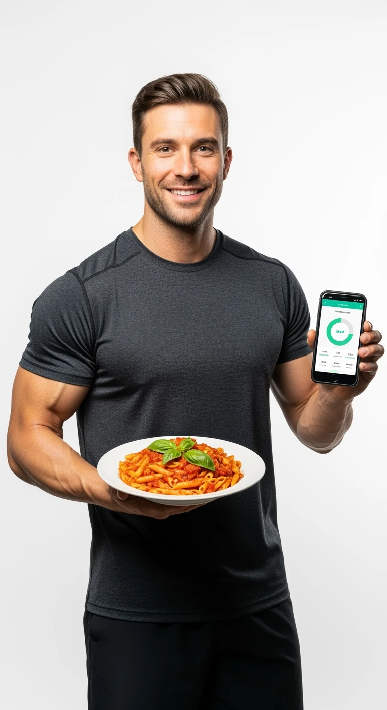 uomo fitness con piatto di pasta in mano e smartphone, sfondo bianco emoji