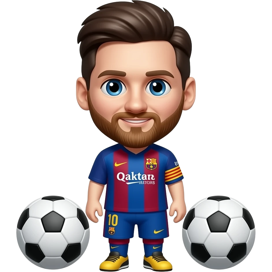 Messi emoji avatar, FC Barcelona kit, two fully visible soccer balls, big eyes, cute cartoon style emoji