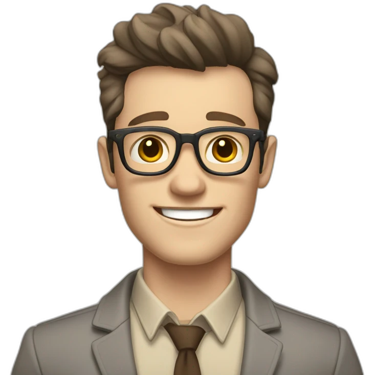 Joyful Pale skinned Fit Man With dark brown hair in gray jacket, beige office shirt, Brown pants and vintage glasses. His thrumbs up emoji