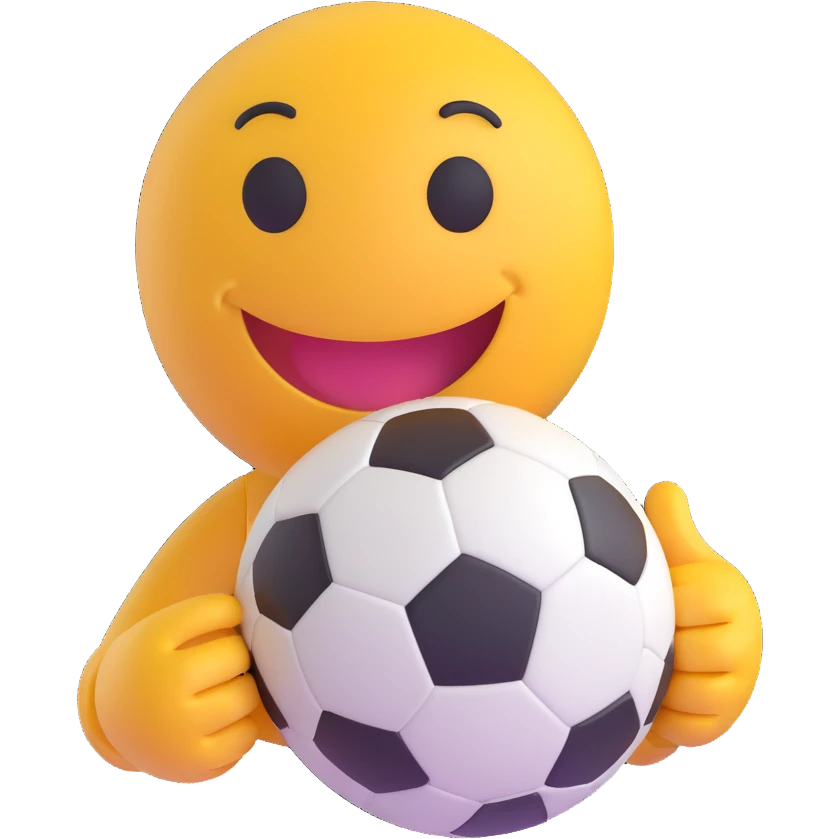 3D smiley emoji, round shape, with soccer ball, sporty face emoji