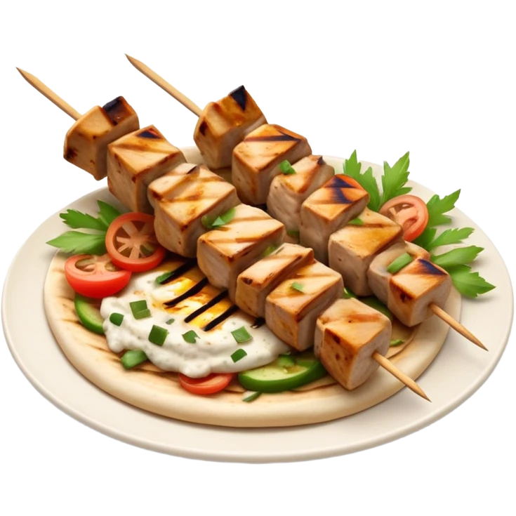 cinematic-realistic-souvlaki-dish-emoji,-showcasing-skewered,-grilled-chicken-with-mediterranean-spices-rendered-with-dynamic-textures-and-warm,-appetizing-lighting on pita bread on a plate emoji