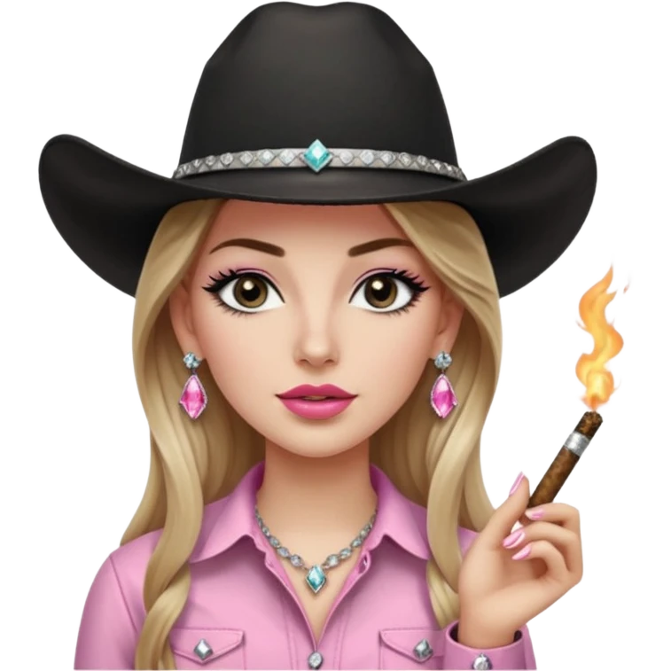 White girl, extra thick and long black eyelashes, black cowboy hate with hat band sparkling, long light brown straight hair, pink and black western shirt, smoking a joint,  big white diamond stud earrings, diva vibes emoji