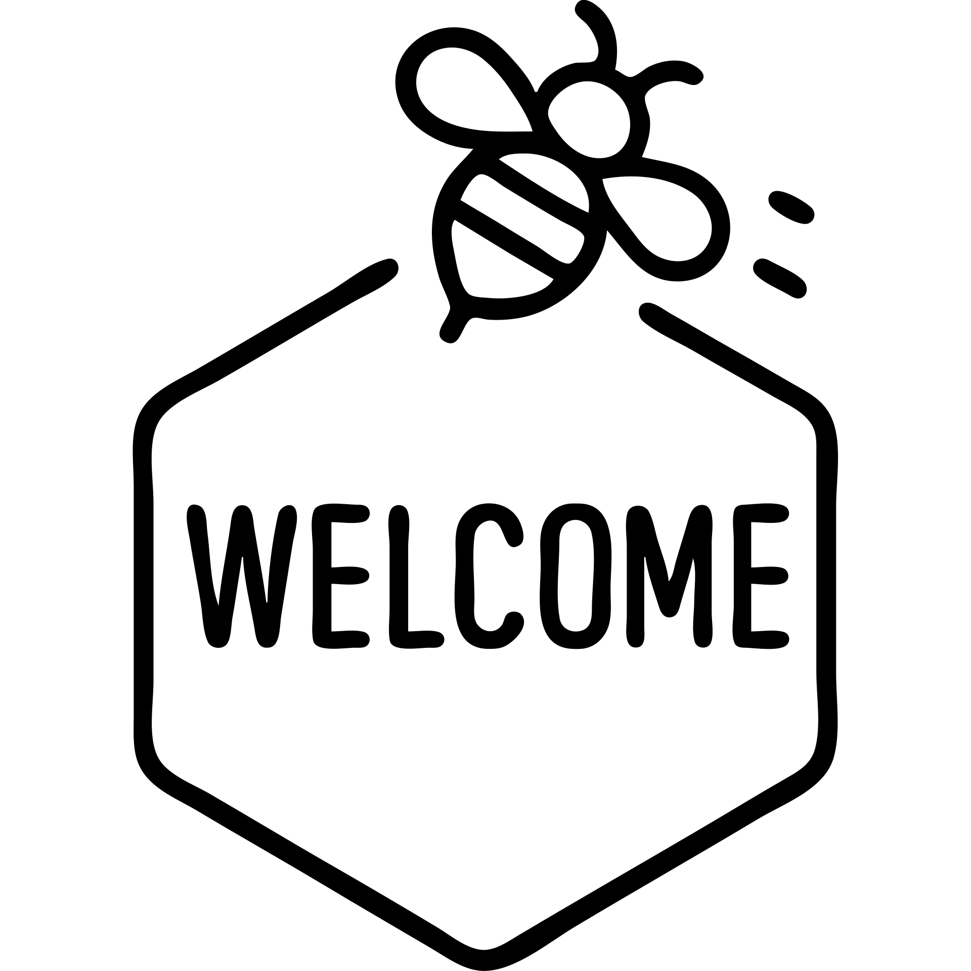 Welcome tag with buzzing bee, hexagon shape, 'WELCOME' text emoji