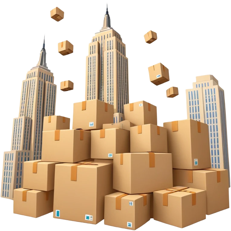Empire State Building with plain boxes tumbling down, dynamic, fun emoji