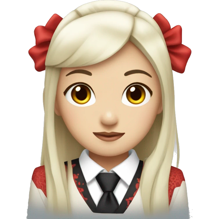 Asian girl with red eyes, a japanese hime-cut hairstyle, wearing a red suit with a black cross tie. emoji