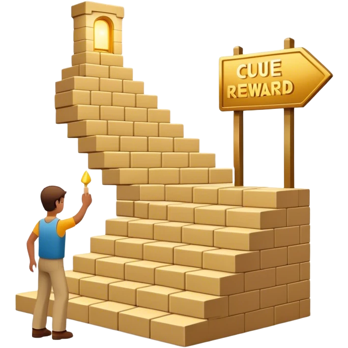 represents the habit formation process with a person stacking bricks to build a staircase, a signpost labeled "Cue → Action → Reward", and a glowing golden door at the top symbolizing success and transformation. Let me know if you need any tweaks! 🚀 emoji