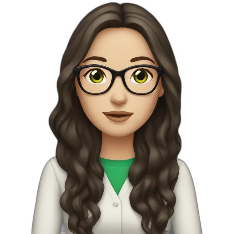 White woman with long dark brown hair and green eyes using glasses writing emoji
