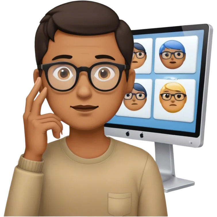 A man with glasses looks at several monitors and holds his hand to his chin emoji