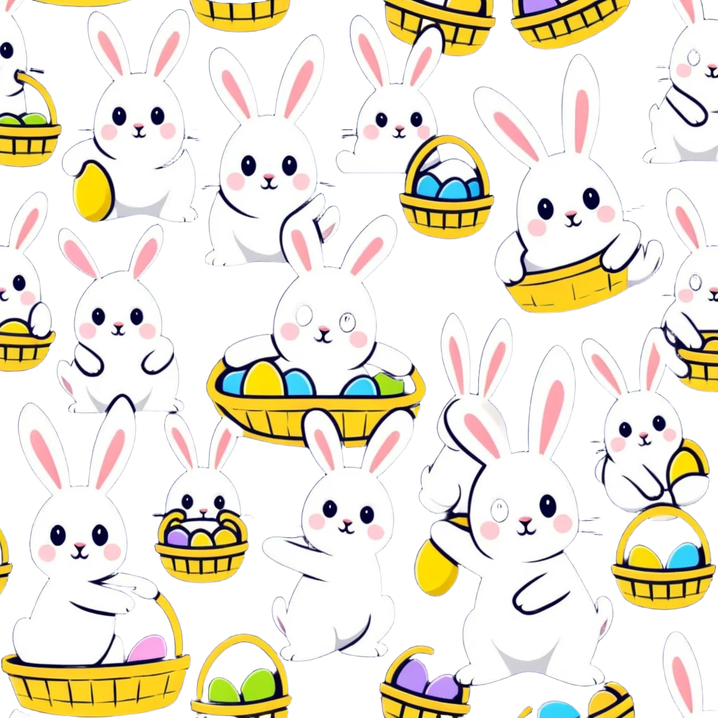 Group of Easter bunnies with Easter baskets full of eggs emoji