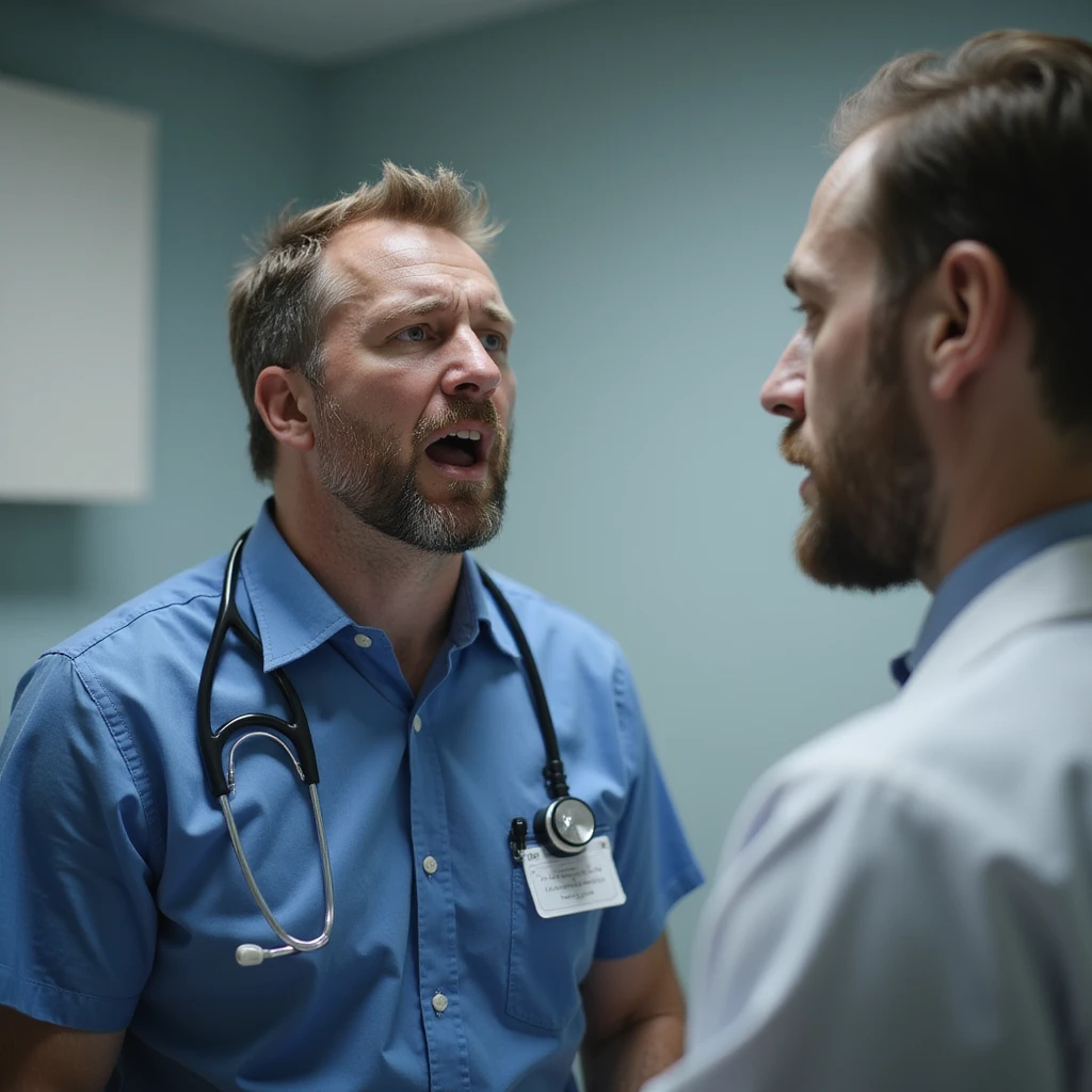 Hyperrealistic 4K image of a man complaining in front of a doctor, exaggerated and unbelievable expression, doctor with skeptical look, clinical environment, highly detailed. emoji