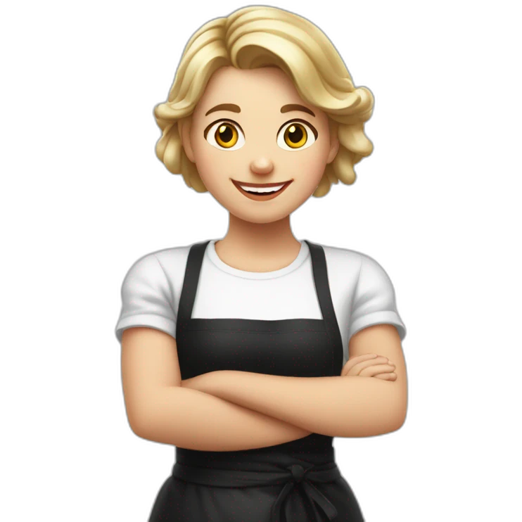Slavic girl in a white T-shirt and black apron waves her right hand and smiles emoji