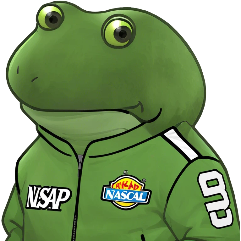 wearing a neon green nascar jacket that says "pump" emoji