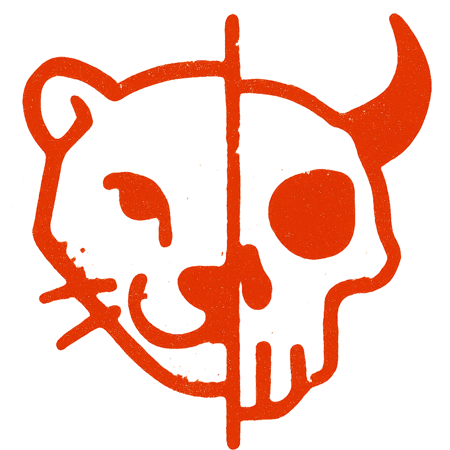 an extremely minimalist red icon of half stoat face merged with half minotaur skull, with deliberately broken and incomplete outlines, weathered appearance like old parchment, parts of the design missing or faded away, sparse details but still recognizable, fully red with distressed texture emoji