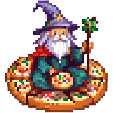 A wizard sitting on a pizza, playful and whimsical, bright and cheerful colors. emoji