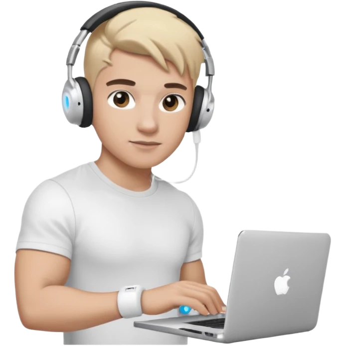 парень диджей накаченный молодой с диджейский микшером и ноутбуком красивый парень со светлыми волосами и черно кориченывыми глазамами и в наушниках apple airpods белых, в белой футболке emoji