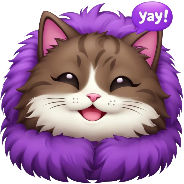 a dark-brown fluffy cute kawaii anime cat smiling with eyes shut closed, saying “yay” with a purple speech bubble emoji